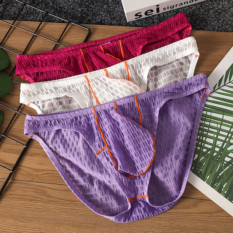 Men's low waist lace briefs in ice silk fabric for sports in multiple solid colours
