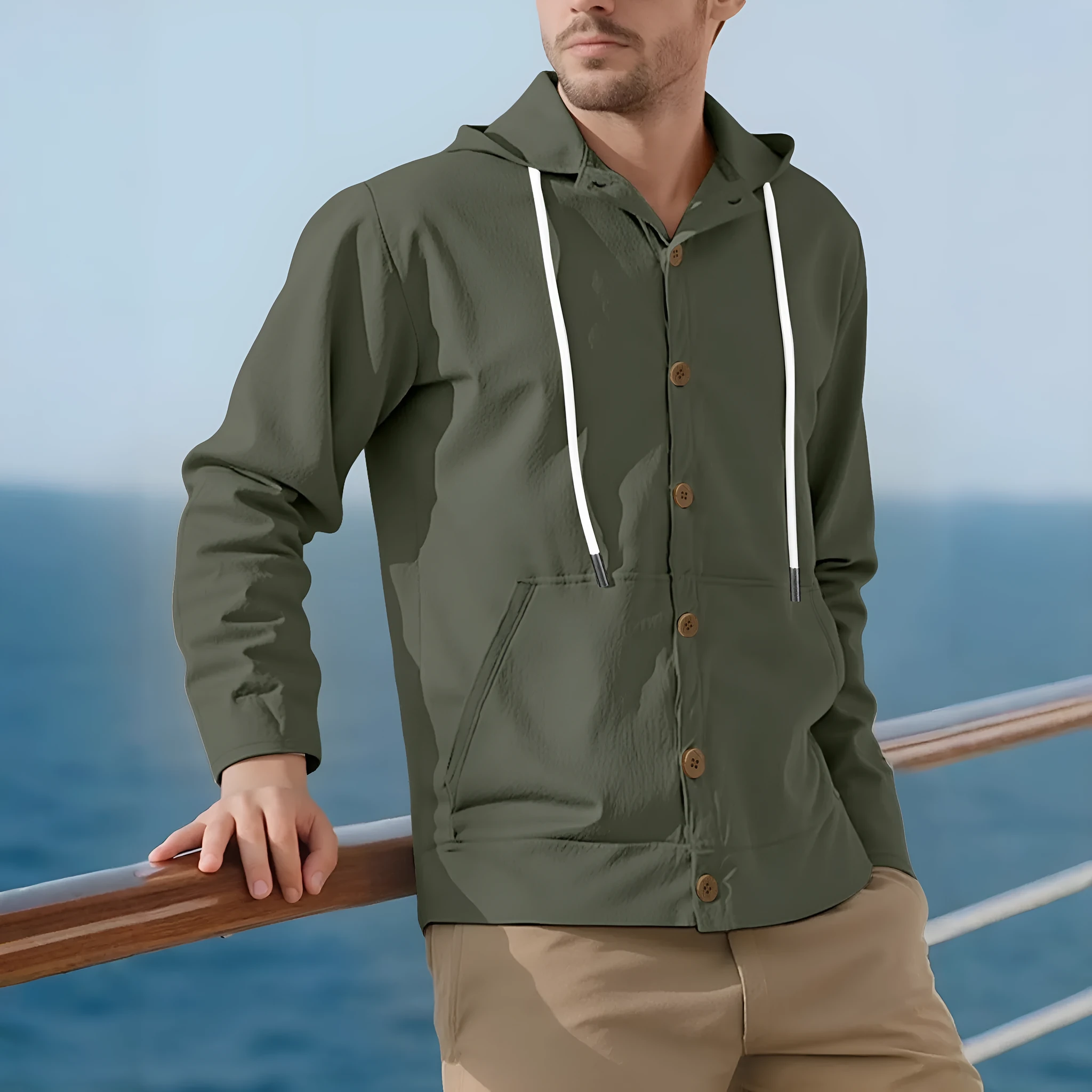 Men's button-down loose hooded polyester jacket in solid colour, front view
