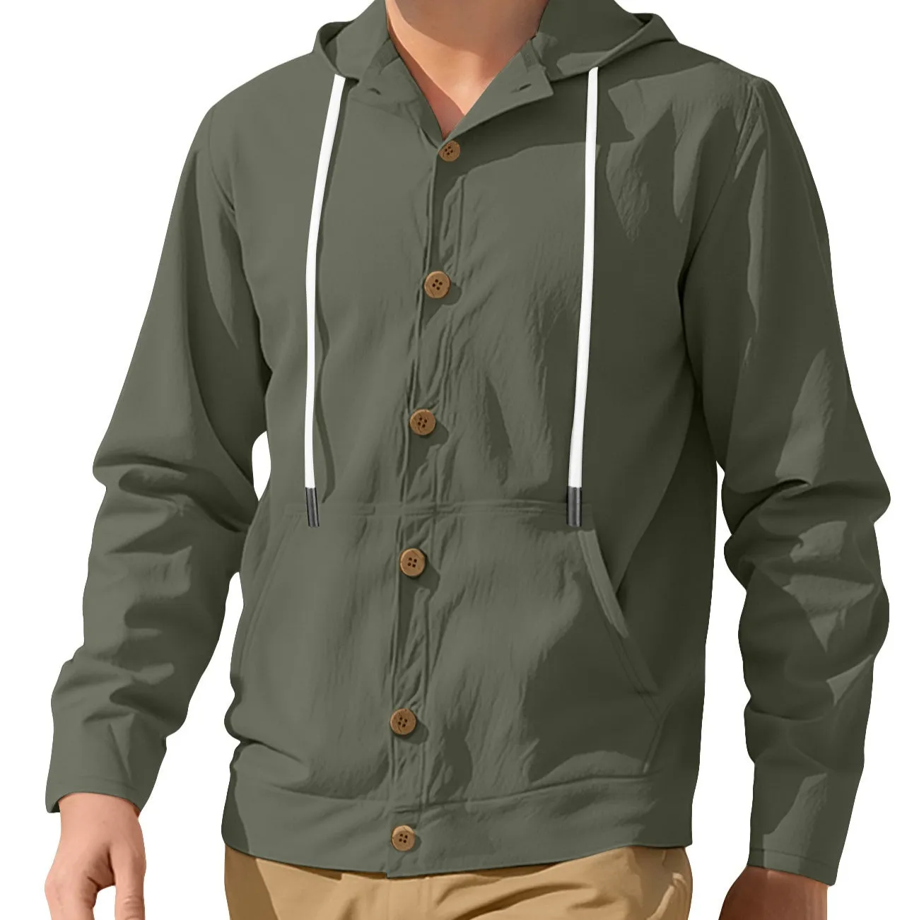 Men's button-down loose hooded polyester jacket in solid colour, front view
