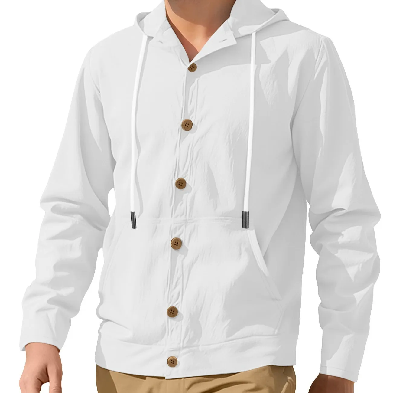 Men's button-down loose hooded polyester jacket in solid colour, front view