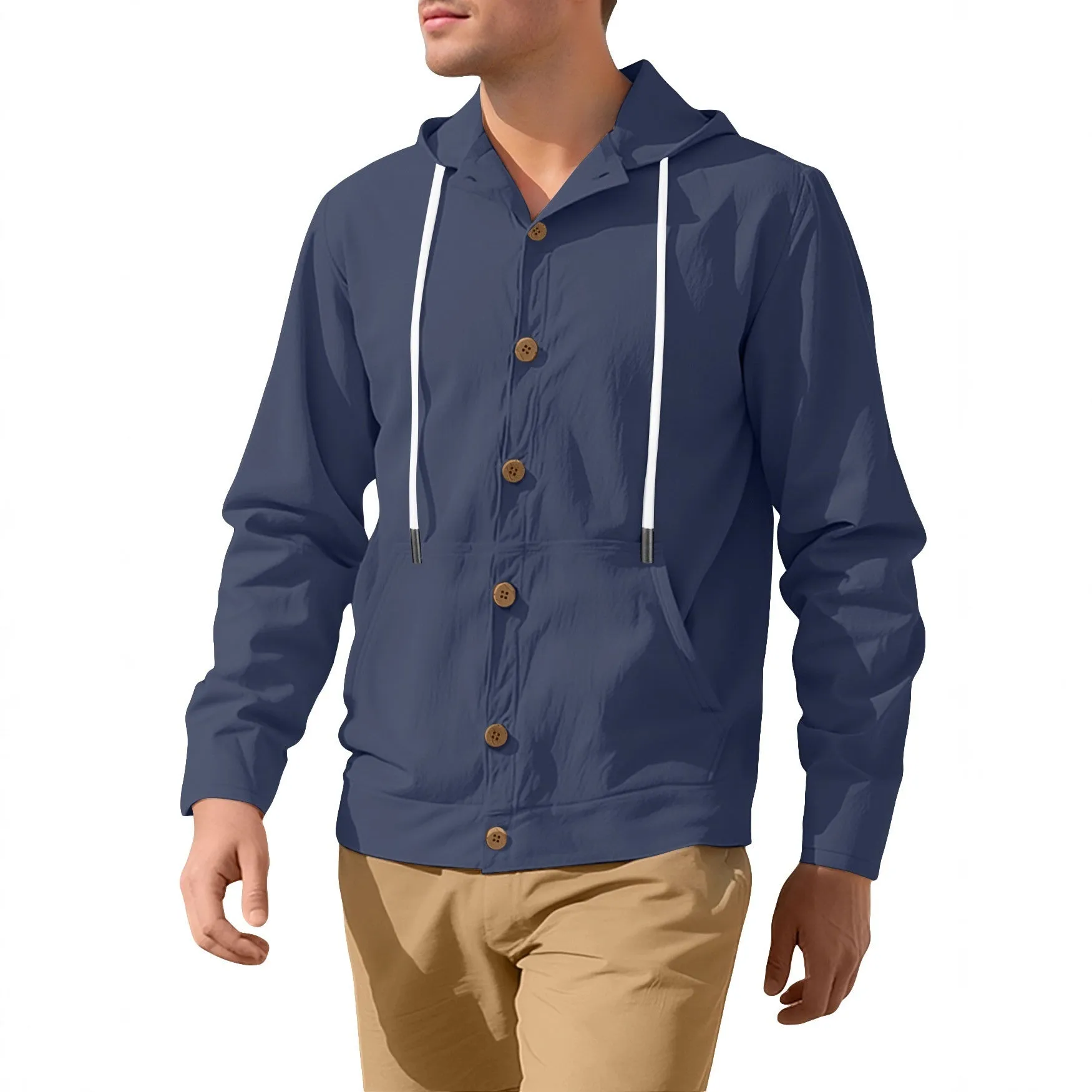 Men's button-down loose hooded polyester jacket in solid colour, front view