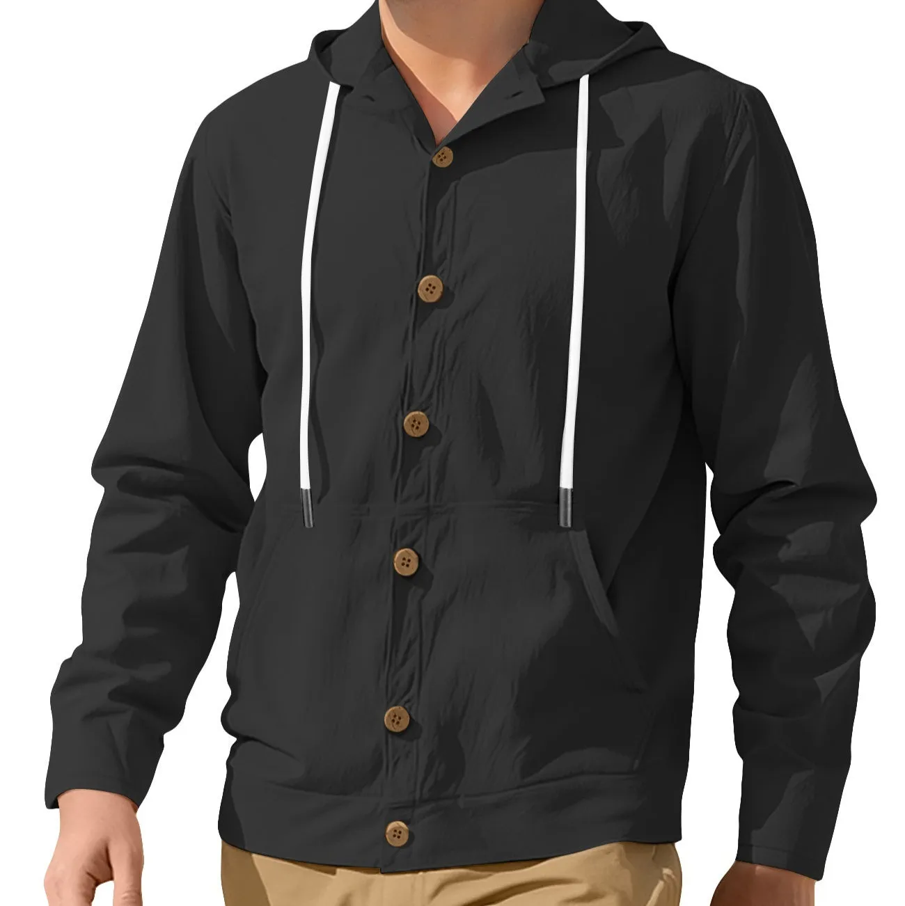 Men's button-down loose hooded polyester jacket in solid colour, front view