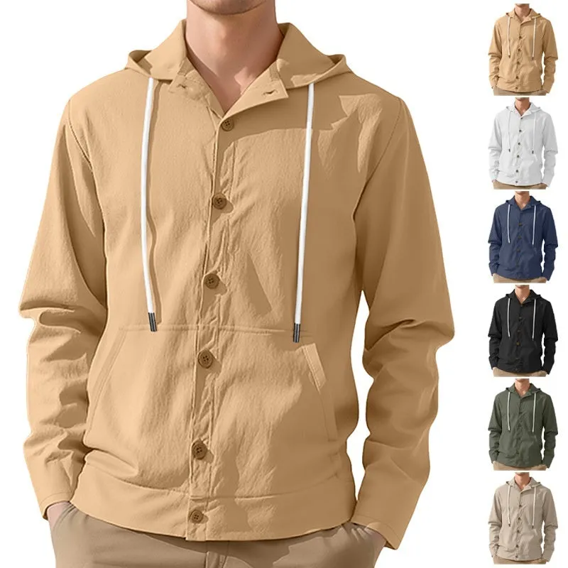 Men's button-down loose hooded polyester jacket in solid colour, front view