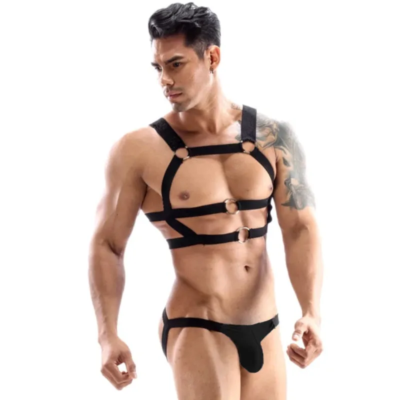 Male thong and chest belt set in black, grey, and white cotton, low-waist style, sizes M to XXL