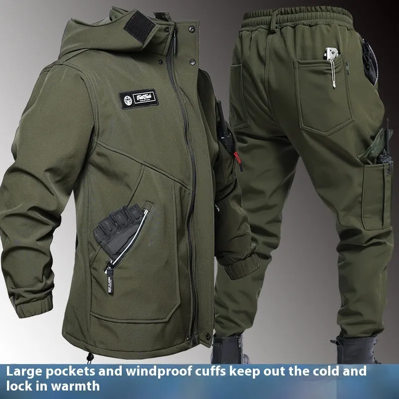 Fleece-lined waterproof jacket suit two-piece set in Black, Army Green, and Gray, sizes 165-190, for men and women