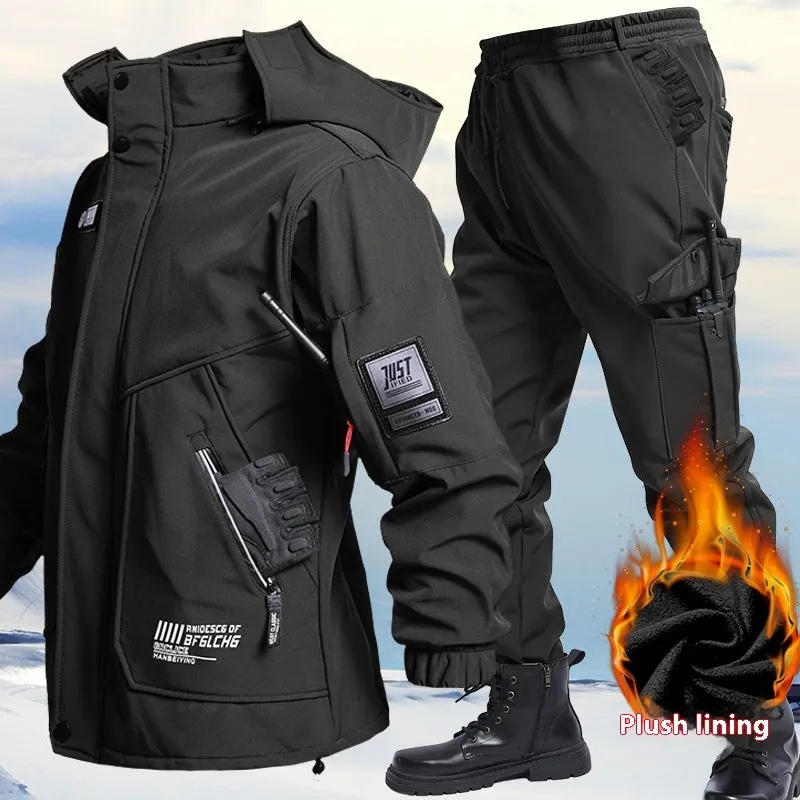Fleece-lined waterproof jacket suit two-piece set in Black, Army Green, and Gray, sizes 165-190, for men and women