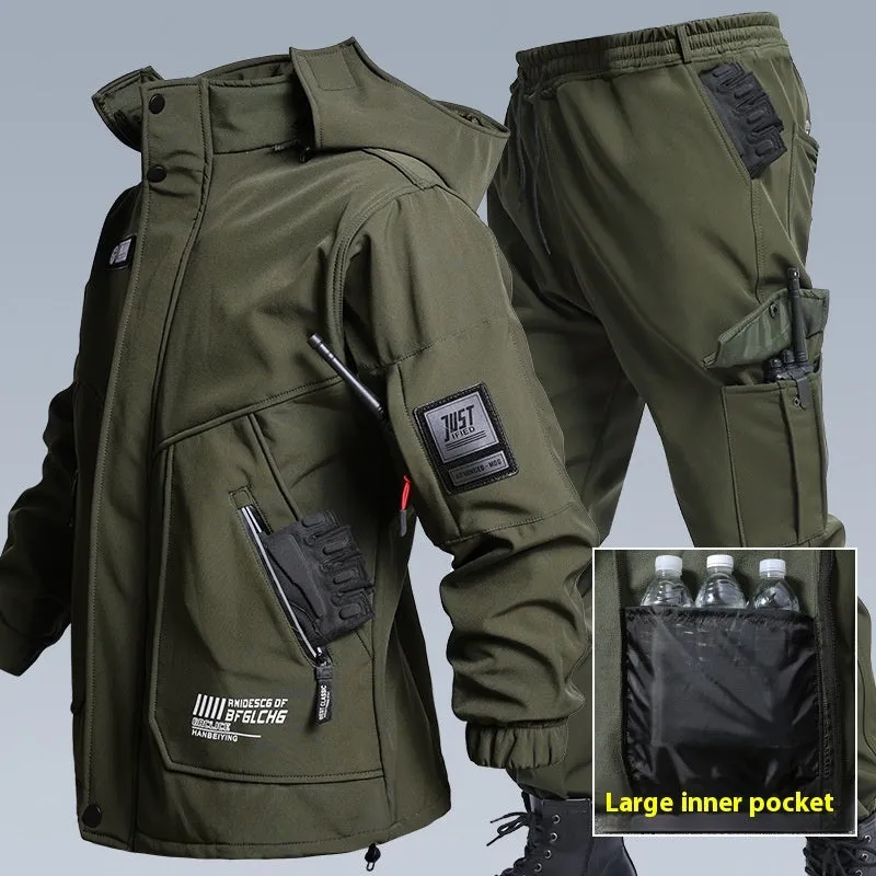Fleece-lined waterproof jacket suit two-piece set in Black, Army Green, and Gray, sizes 165-190, for men and women