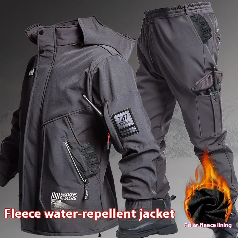 Fleece-lined waterproof jacket suit two-piece set in Black, Army Green, and Gray, sizes 165-190, for men and women