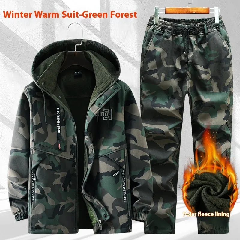 Fleece-lined waterproof jacket suit two-piece set in Black, Army Green, and Gray, sizes 165-190, for men and women