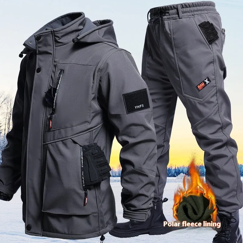 Fleece-lined waterproof jacket suit two-piece set in Black, Army Green, and Gray, sizes 165-190, for men and women