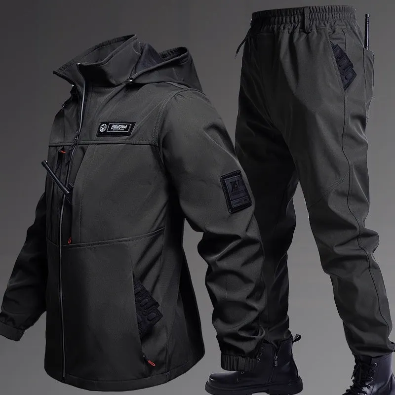 Fleece-lined waterproof jacket suit two-piece set in Black, Army Green, and Gray, sizes 165-190, for men and women