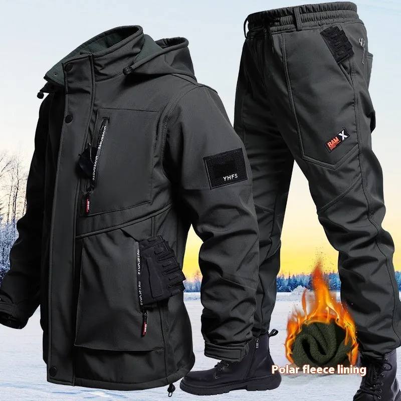 Fleece-lined waterproof jacket suit two-piece set in Black, Army Green, and Gray, sizes 165-190, for men and women