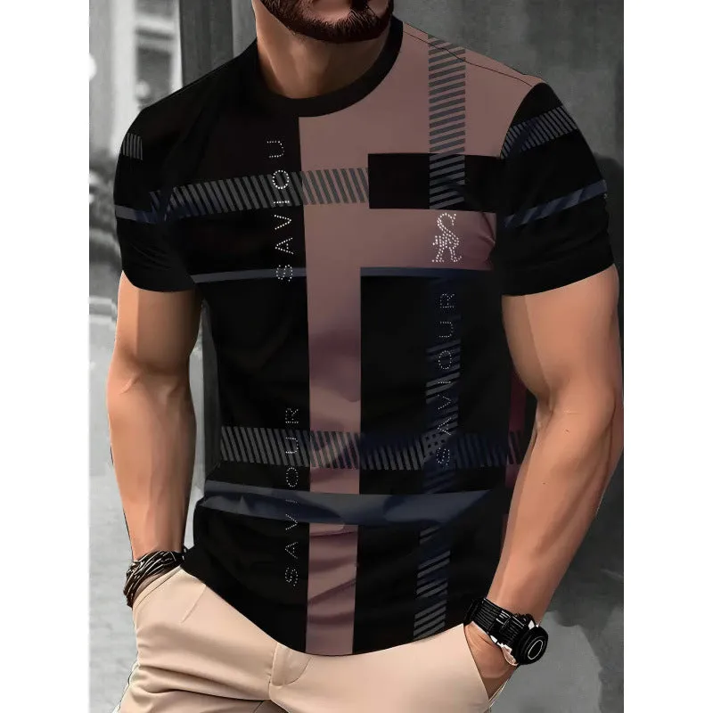 Men's loose short-sleeve T-shirt with digital 3D printed stripe pattern on polyester fabric.