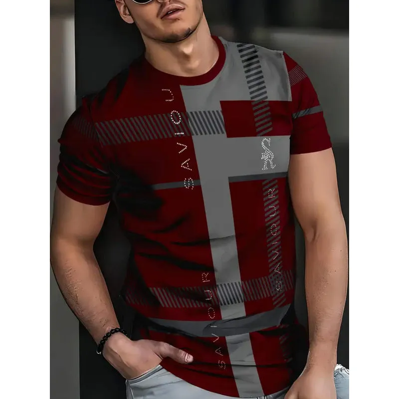 Men's loose short-sleeve T-shirt with digital 3D printed stripe pattern on polyester fabric.