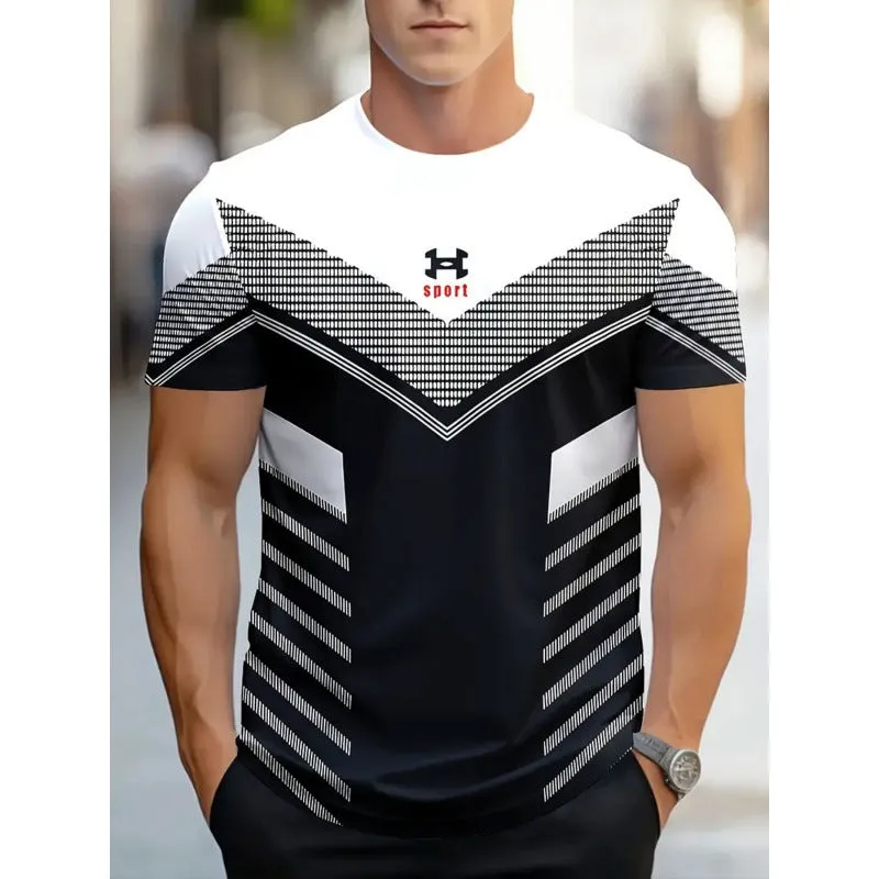 Men's loose short-sleeve T-shirt with digital 3D printed stripe pattern on polyester fabric.