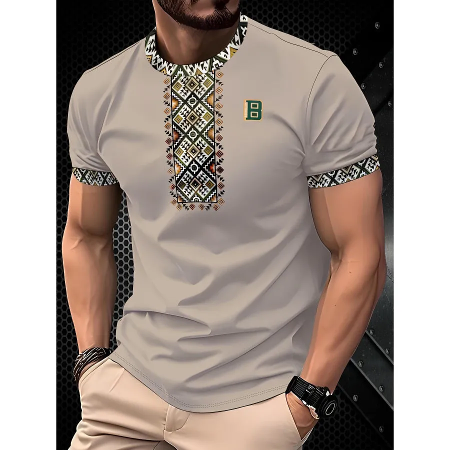 Men's loose short-sleeve T-shirt with digital 3D printed stripe pattern on polyester fabric.