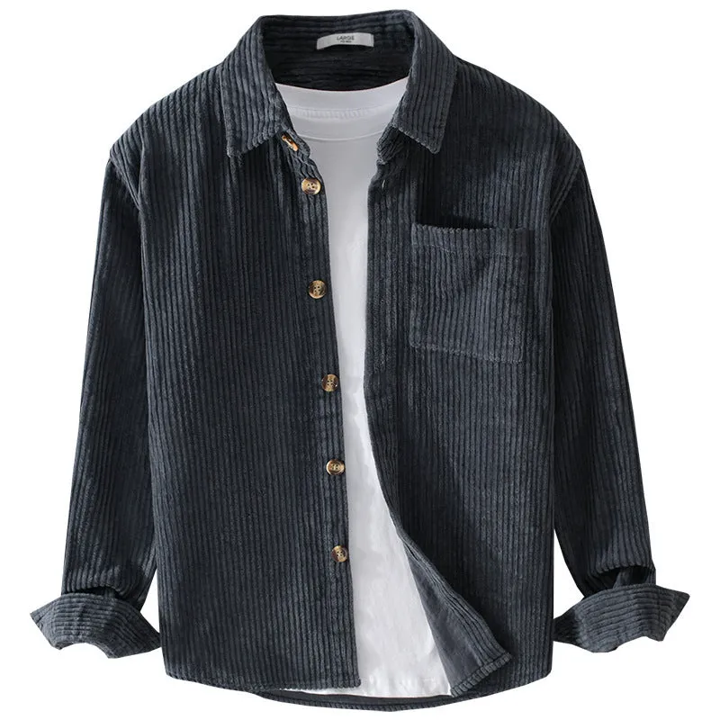 Men's winter corduroy shirt with chest pocket and button front in khaki colour