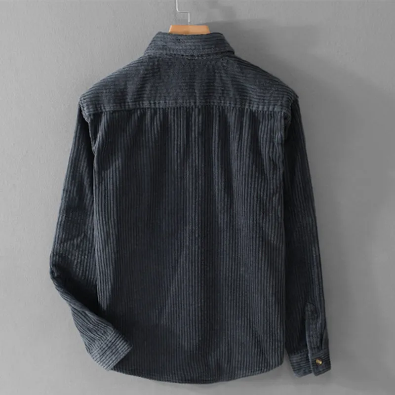 Men's winter corduroy shirt with chest pocket and button front in khaki colour
