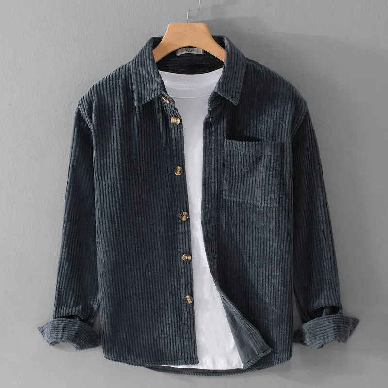 Men's winter corduroy shirt with chest pocket and button front in khaki colour