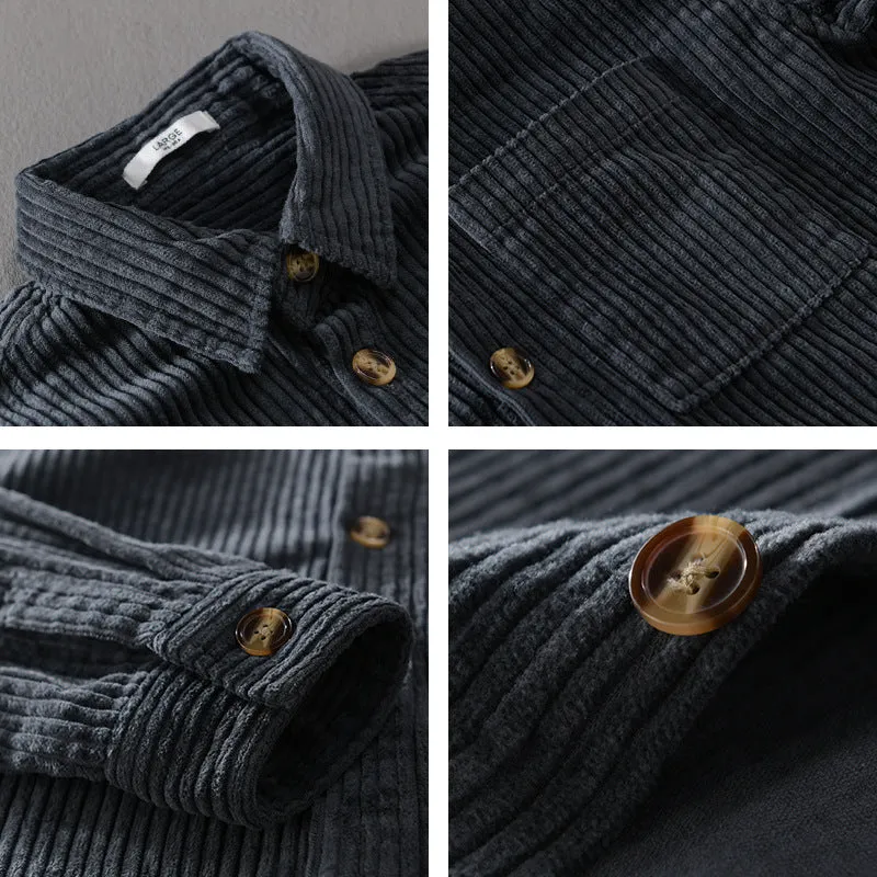 Men's winter corduroy shirt with chest pocket and button front in khaki colour
