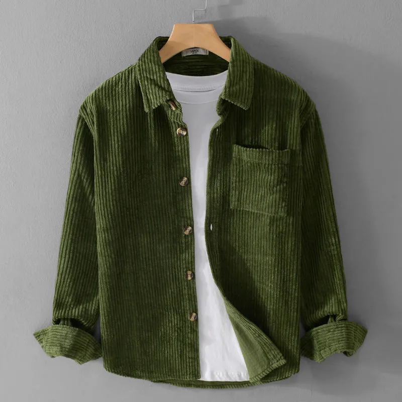 Men's winter corduroy shirt with chest pocket and button front in khaki colour