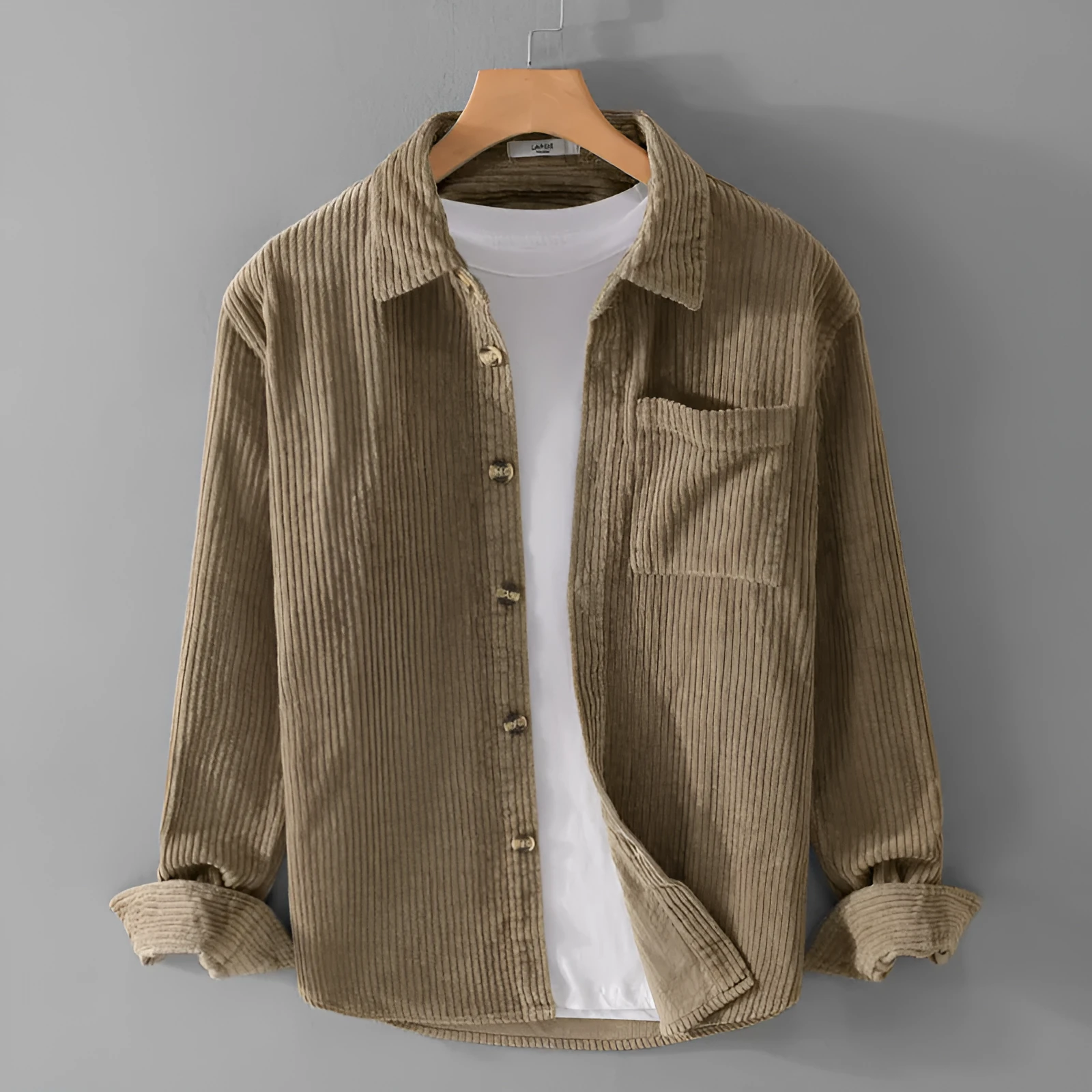 Men's winter corduroy shirt with chest pocket and button front in khaki colour