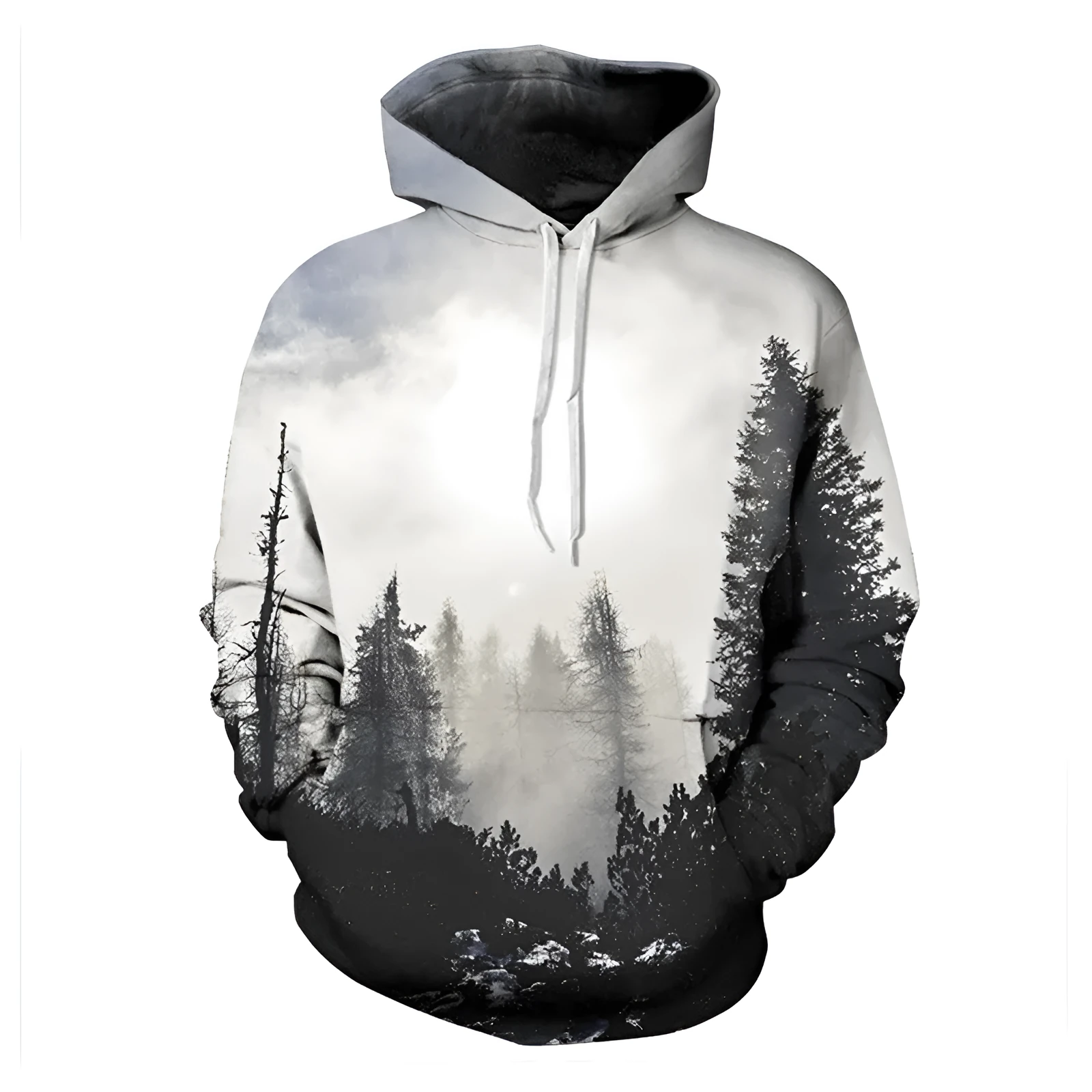 Winter Forest Hoodie black pullover with pockets and wide size range from S to XXXL