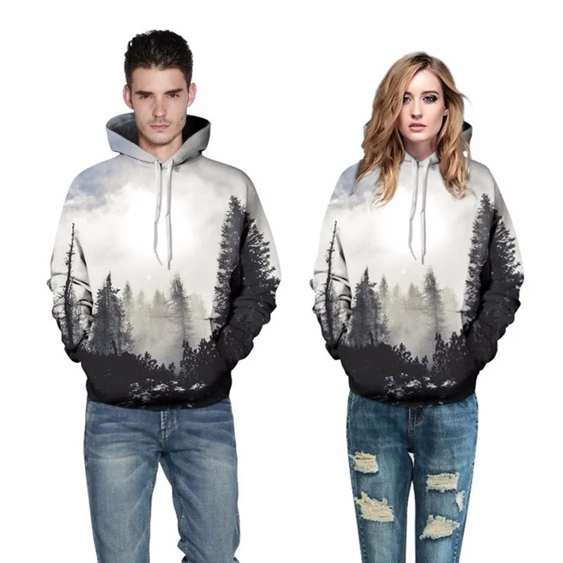 Winter Forest Hoodie black pullover with pockets and wide size range from S to XXXL