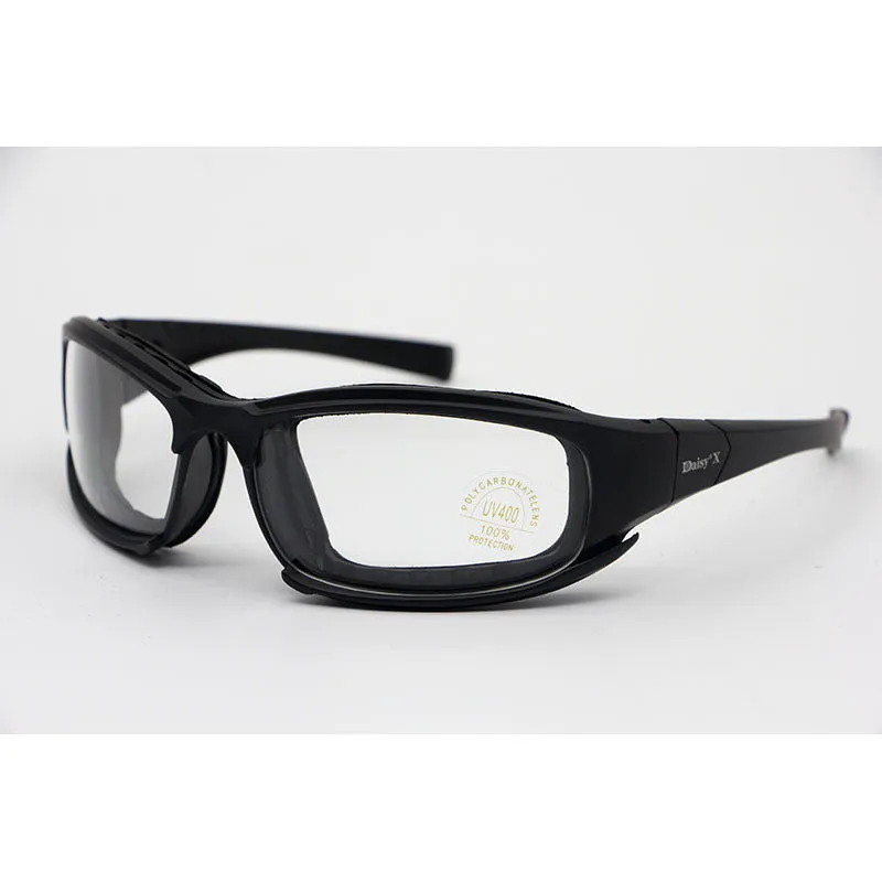 Tactical sports riding glasses with full frame PC construction and interchangeable lenses including transparent film