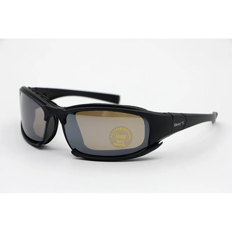 Tactical sports riding glasses with full frame PC construction and interchangeable lenses including transparent film