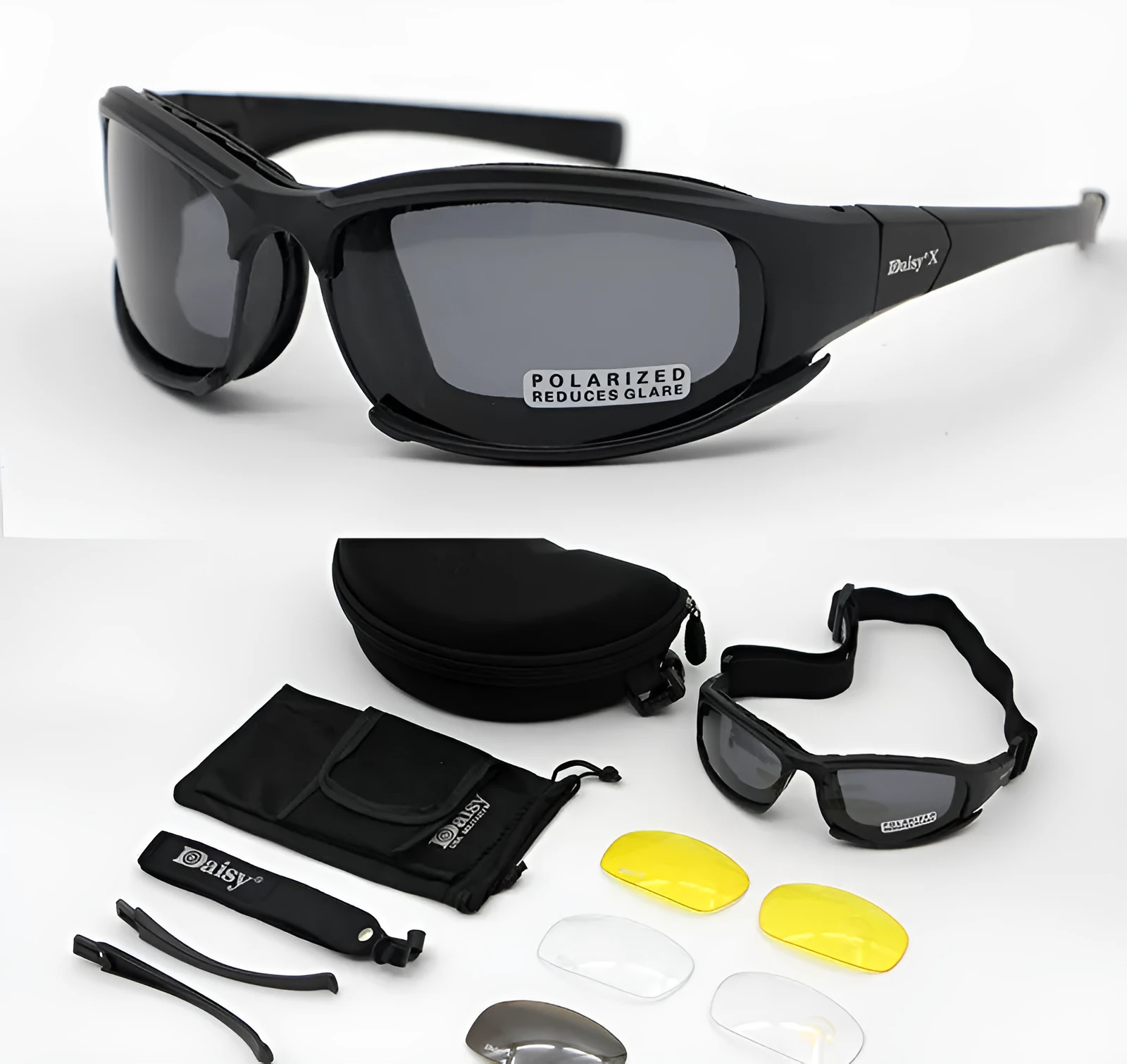 Tactical sports riding glasses with full frame PC construction and interchangeable lenses including transparent film