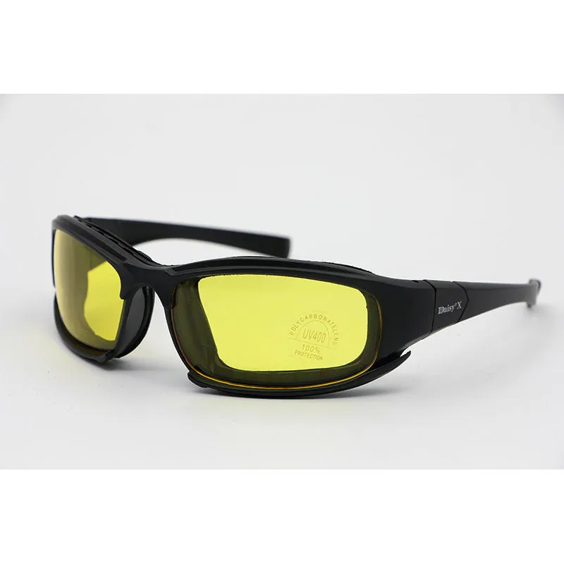 Tactical sports riding glasses with full frame PC construction and interchangeable lenses including transparent film