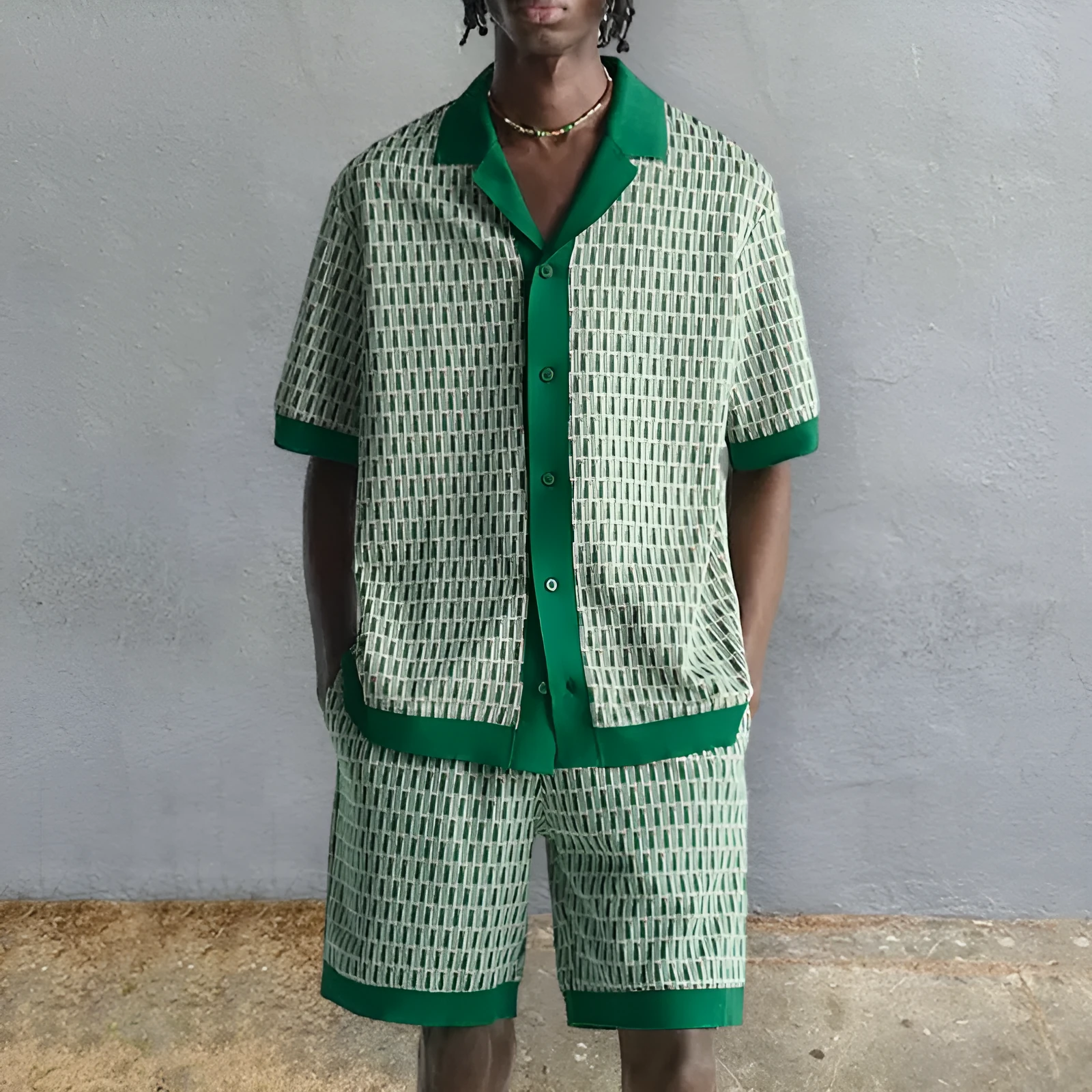 Men's plus size short-sleeved printed shirt and matching shorts two-piece set in colour MHX01344.