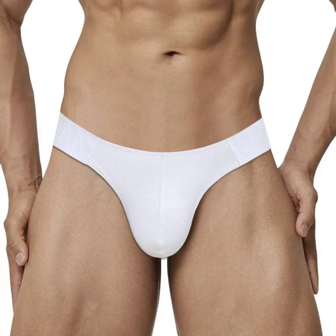 Polyester national triangle low waist seamless briefs in six colours – black, white, pink, purple, green, yellow – on white background
