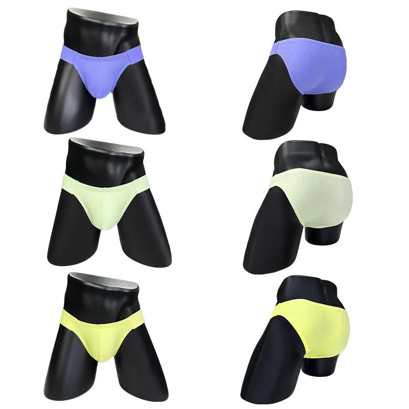Polyester national triangle low waist seamless briefs in six colours – black, white, pink, purple, green, yellow – on white background