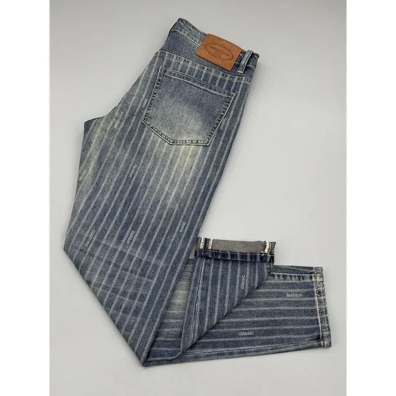 Men's striped cropped jeans slim fit retro denim trousers with zipper fly straight leg ankle length