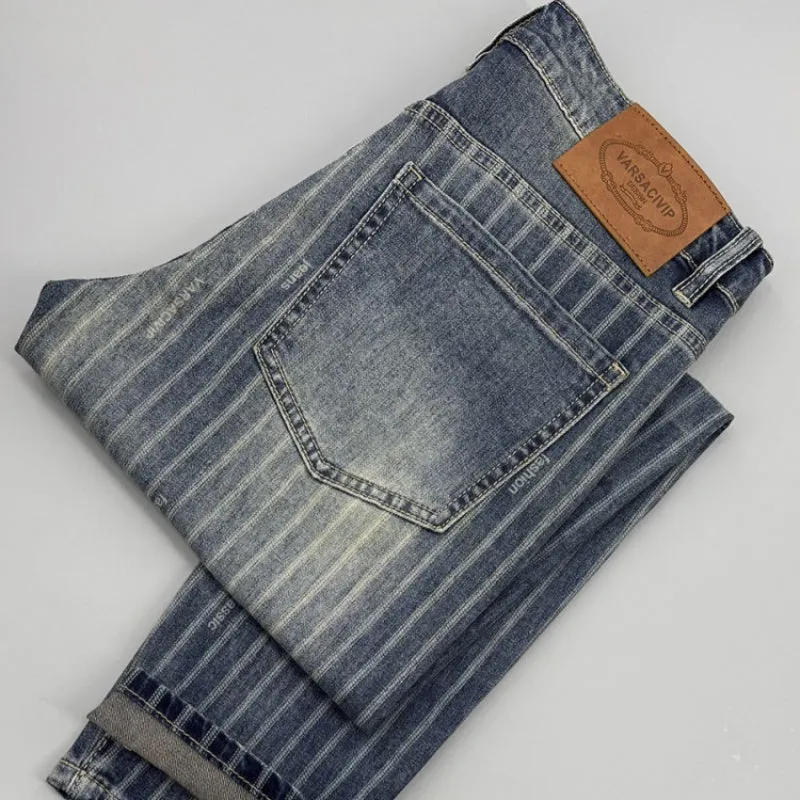 Men's striped cropped jeans slim fit retro denim trousers with zipper fly straight leg ankle length