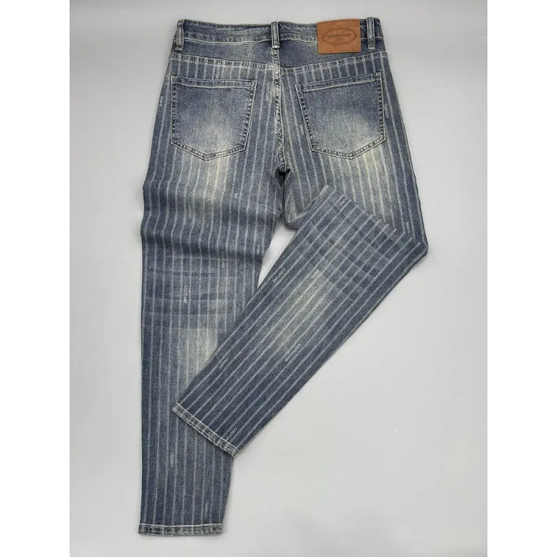 Men's striped cropped jeans slim fit retro denim trousers with zipper fly straight leg ankle length