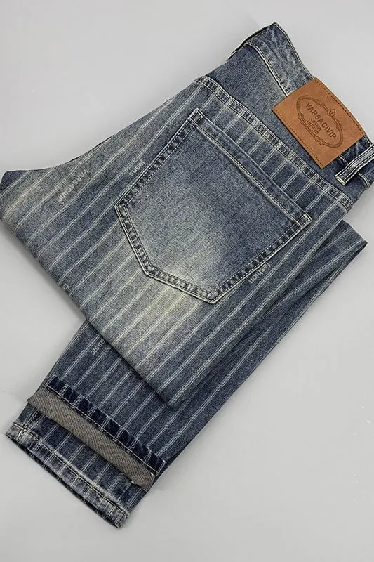Men's striped cropped jeans slim fit retro denim trousers with zipper fly straight leg ankle length