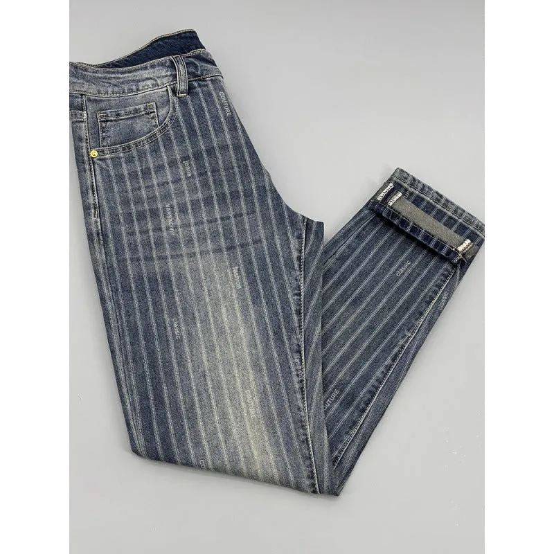 Men's striped cropped jeans slim fit retro denim trousers with zipper fly straight leg ankle length