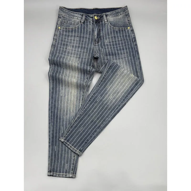 Men's striped cropped jeans slim fit retro denim trousers with zipper fly straight leg ankle length