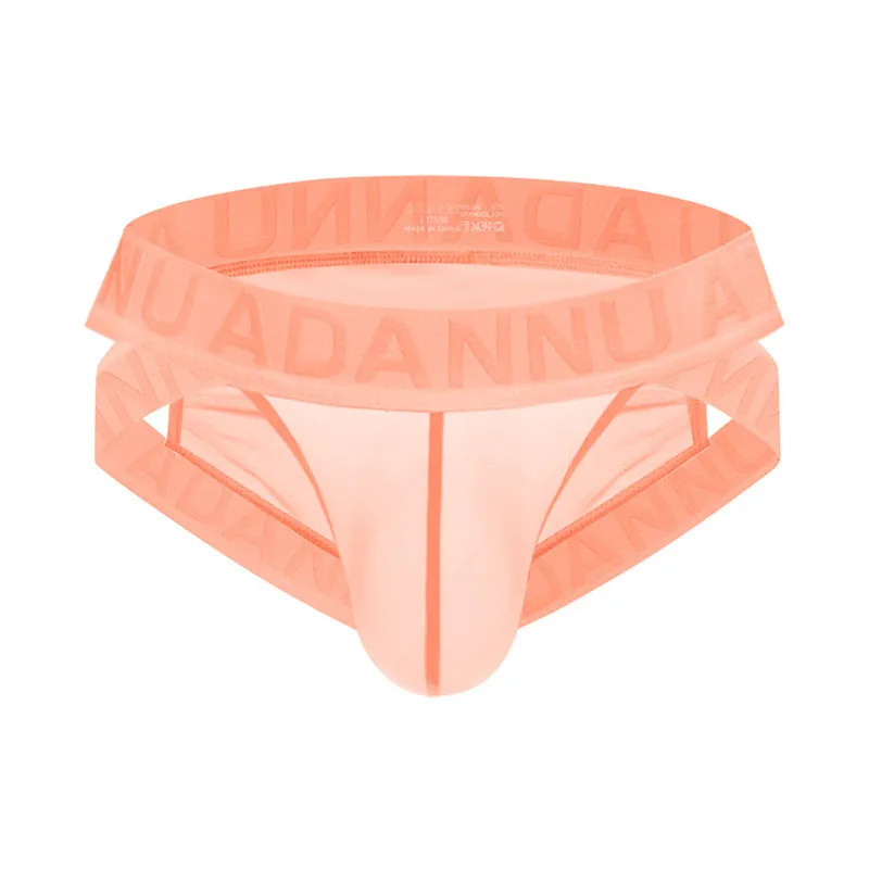 Single layer see-through nylon mesh men's low waist briefs in solid colour, quick-drying design