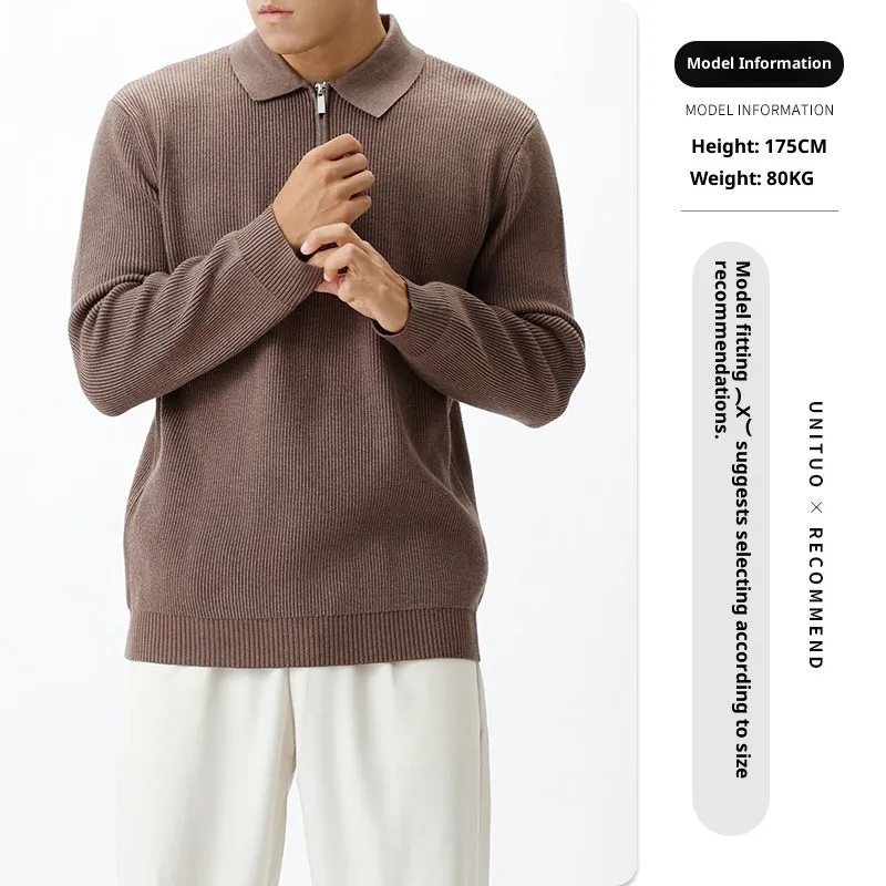 Light luxury men's lapel zipper knitted pullover in viscose blend, available in black and other colours