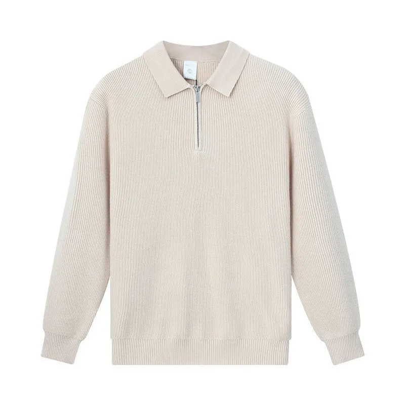 Light luxury men's lapel zipper knitted pullover in viscose blend, available in black and other colours