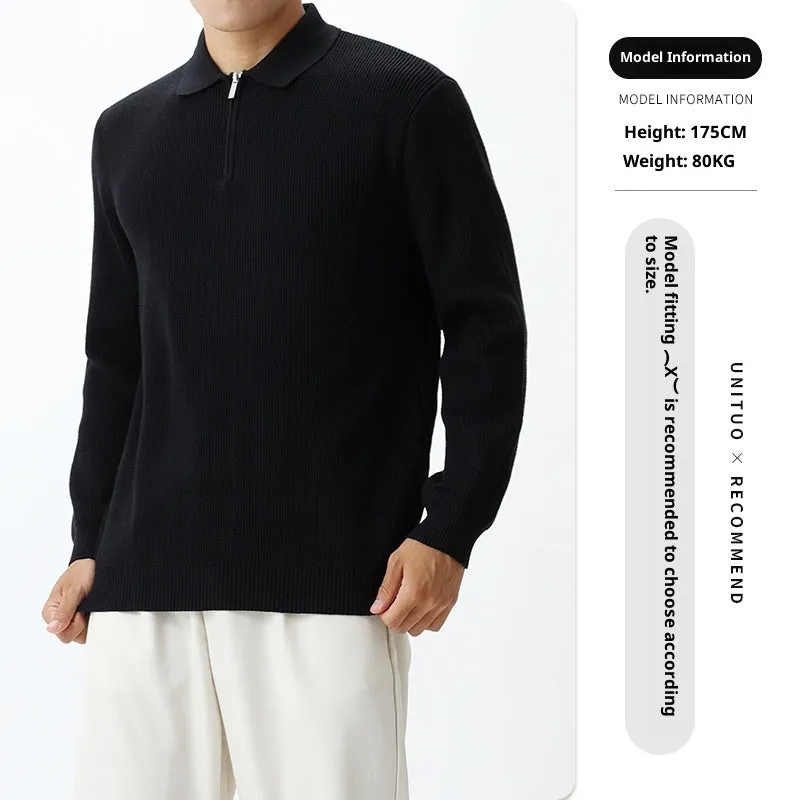 Light luxury men's lapel zipper knitted pullover in viscose blend, available in black and other colours