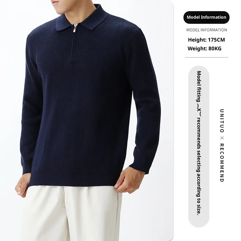 Light luxury men's lapel zipper knitted pullover in viscose blend, available in black and other colours
