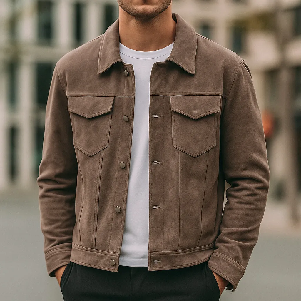 Deer Suede men's winter lapel work jacket in brown with 3D patch pockets and loose fit