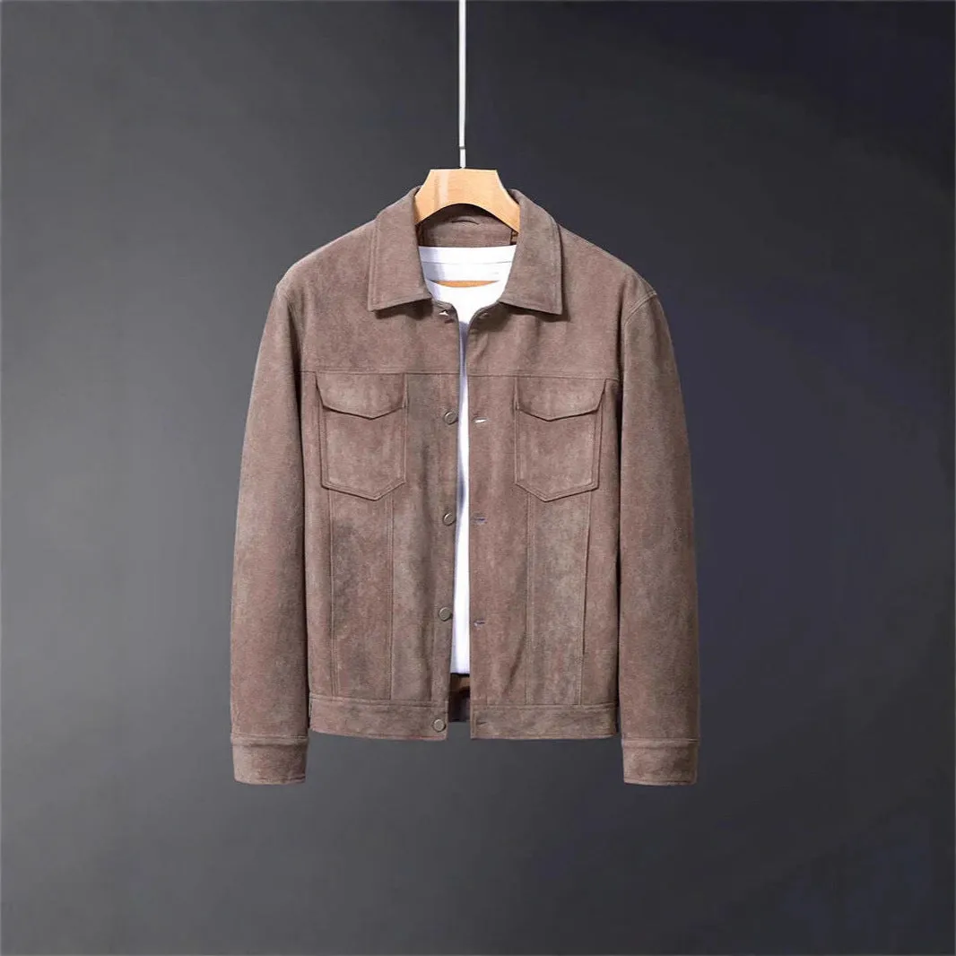 Deer Suede men's winter lapel work jacket in brown with 3D patch pockets and loose fit