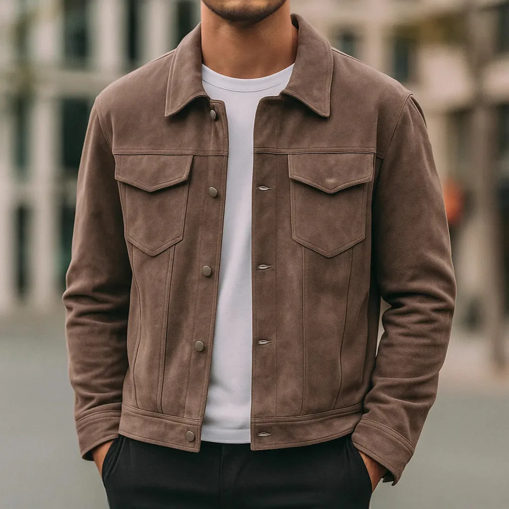 Deer Suede men's winter lapel work jacket in brown with 3D patch pockets and loose fit