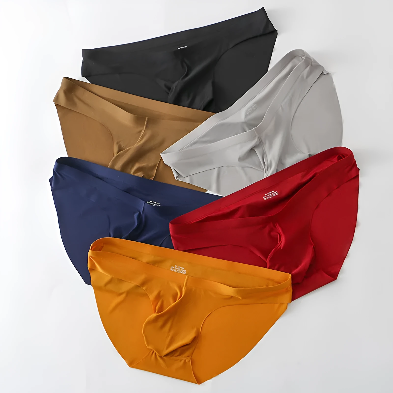 Men's seamless ice silk briefs in multiple colours showing bullet separation pouch design